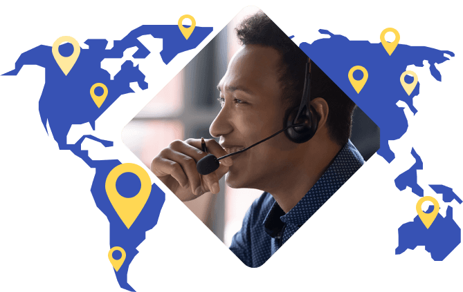 Le responsable client illustré au-dessus de la carte du monde pour illustrer le solide réseau mondial de support client de Rosetta Stone