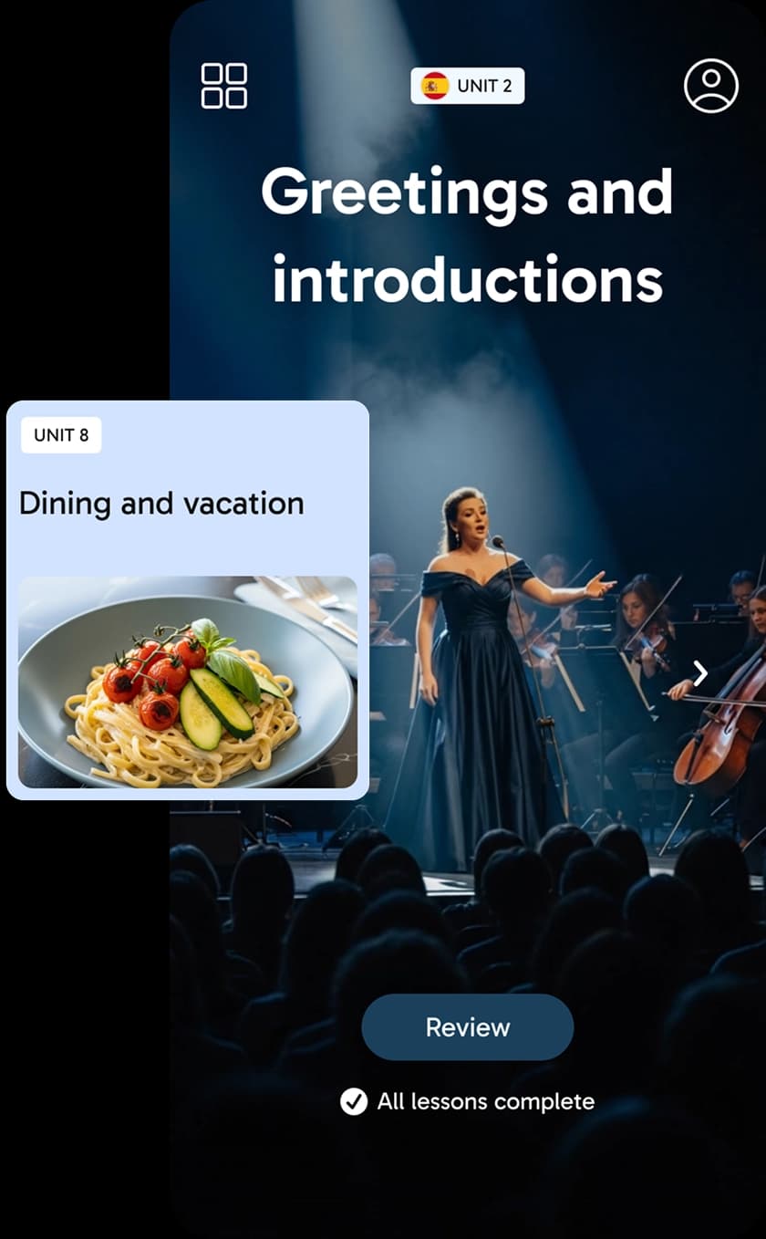 Capture d'écran de l'application Rosetta Stone Sapphire montrant une fiche de leçon intitulée « Salutations et présentations » pour l'unité 2 d'espagnol, illustrée par une femme en robe de soirée bleue sur fond sombre, ainsi qu'une fiche de leçon intitulée « Repas et vacances » pour l'unité 8, illustrée par une assiette de pâtes aux légumes.