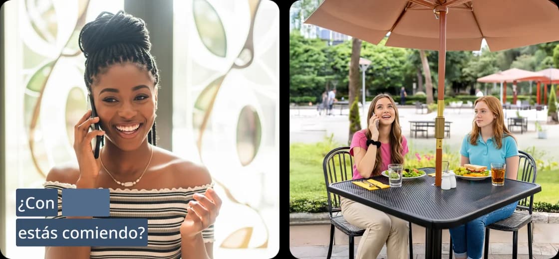 Écrans de l'application Rosetta Stone présentant de courtes activités d'apprentissage pour l'expression orale, la lecture, la compréhension orale et l'écriture, avec la phrase en espagnol « ¿Con estás comiendo? ».