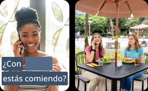 Écrans de l'application Rosetta Stone présentant de courtes activités d'apprentissage pour l'expression orale, la lecture, la compréhension orale et l'écriture, avec la phrase en espagnol « ¿Con estás comiendo? ».