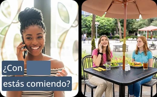 Écrans de l'application Rosetta Stone présentant de courtes activités d'apprentissage pour l'expression orale, la lecture, la compréhension orale et l'écriture, avec la phrase en espagnol « ¿Con estás comiendo? ».