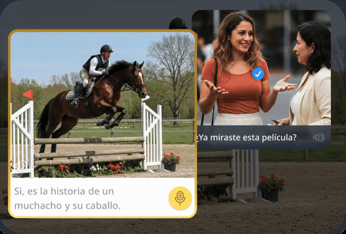 Exercice de conversation montrant, côte à côte, un cheval sautant par-dessus une barrière et deux femmes en train de discuter, avec des bulles de dialogue en espagnol représentant une conversation avec un locuteur natif.