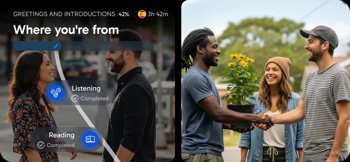 Interface de l'application Rosetta Stone affichant une leçon intitulée « Where you're from », avec des indicateurs de progression pour la compréhension orale et la lecture, à côté d'une photo représentant des personnes en train de discuter à l'extérieur.