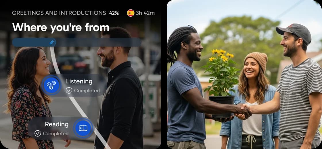 Interface de l'application Rosetta Stone affichant une leçon intitulée « Where you're from », avec des indicateurs de progression pour la compréhension orale et la lecture, à côté d'une photo représentant des personnes en train de discuter à l'extérieur.