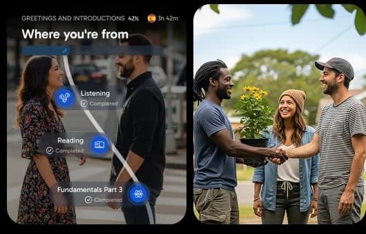 Interface de l'application Rosetta Stone affichant une leçon intitulée « Where you're from », avec des indicateurs de progression pour la compréhension orale et la lecture, à côté d'une photo représentant des personnes en train de discuter à l'extérieur.