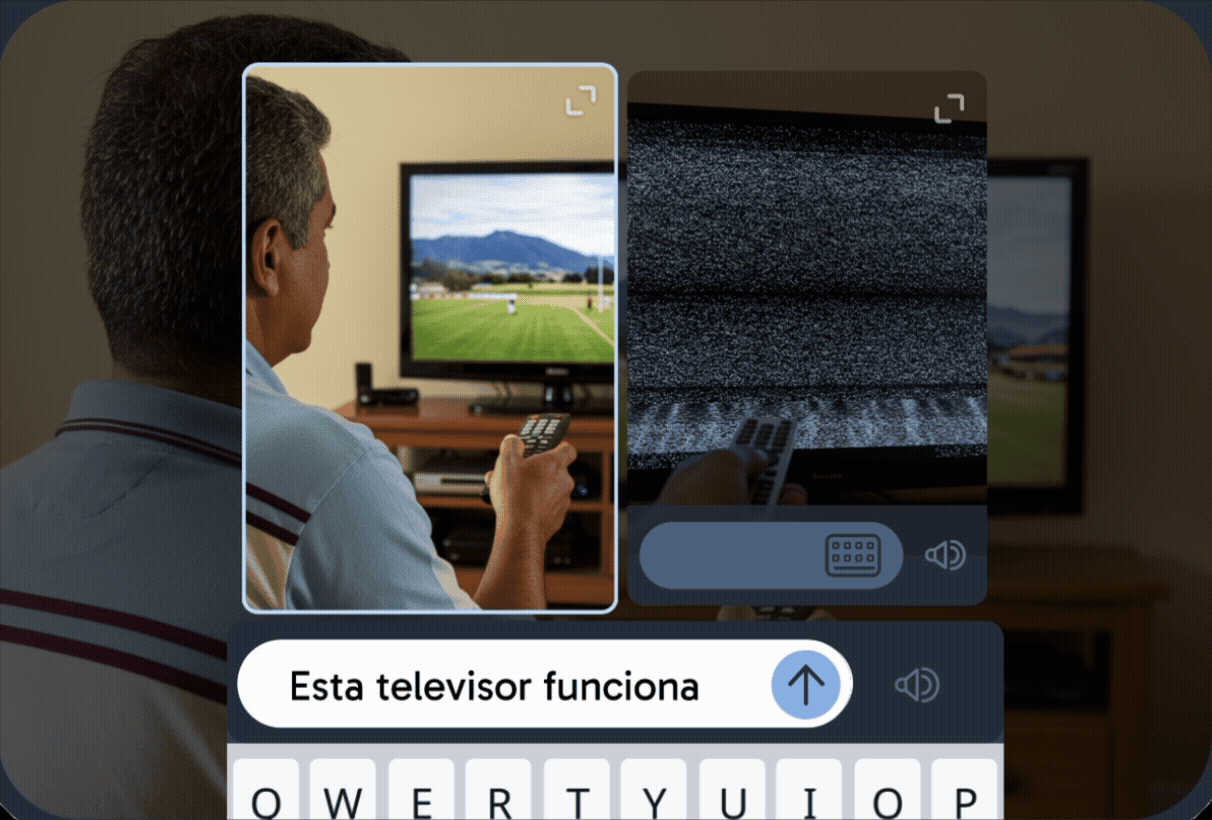 Exercice de lecture et d'écriture montrant une personne en train de regarder la TV, avec un champ de saisie et un clavier affichés à l'écran. L'utilisateur peut saisir un mot ou une expression dans la langue étudiée.