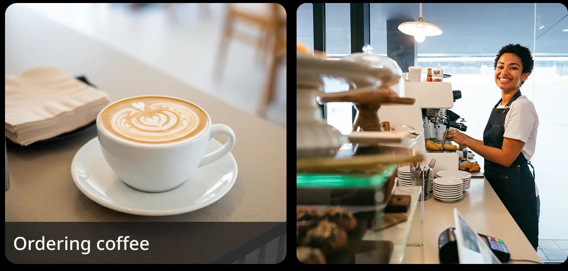 Deux images côte à côte : une tasse de café avec un latte art et un barista derrière son comptoir, illustrant un exercice de conversation sur le thème de la commande d'un café.
