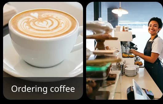 Deux images côte à côte : une tasse de café avec un latte art et un barista derrière son comptoir, illustrant un exercice de conversation sur le thème de la commande d'un café.