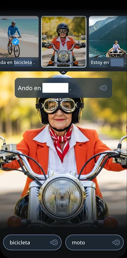 Application mobile Rosetta Stone affichant un exercice d'association d'images avec les photos d'un homme à vélo, d'une femme à moto et d'une autre femme sur un bateau, accompagnées de mots en espagnol.