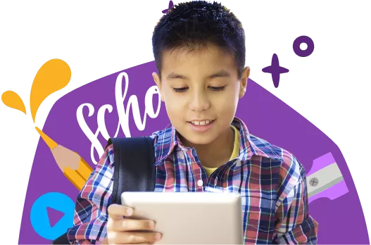 Un enfant d'âge élémentaire utilisant Rosetta Stone sur une tablette