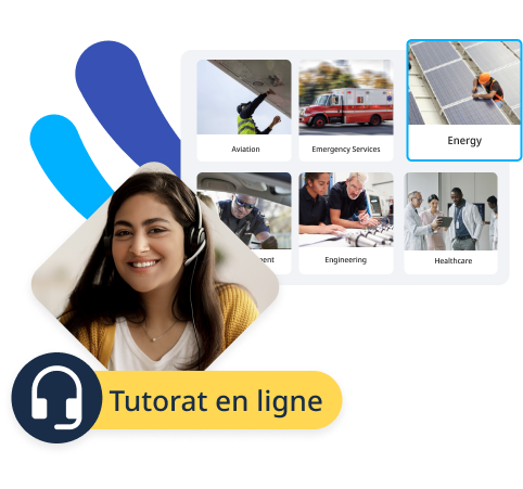 Collage d'un cours spécifique à l'industrie dans Rosetta Stone pour les entreprises et d'un tuteur de langue féminin