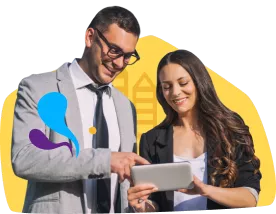 Un homme et une femme en tenue professionnelle sous le texte indiquant Enterprise pour les entreprises