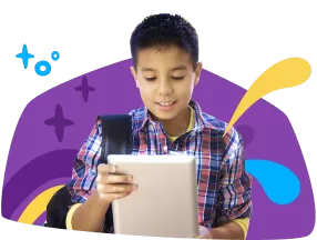 Un élève du primaire lisant une tablette sous le texte indiquant Schools for Classrooms and districts